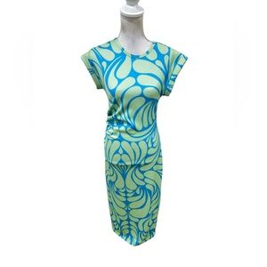 Sheridan French short sleeve stretch midi Dress Blue & Mint ruched side medium